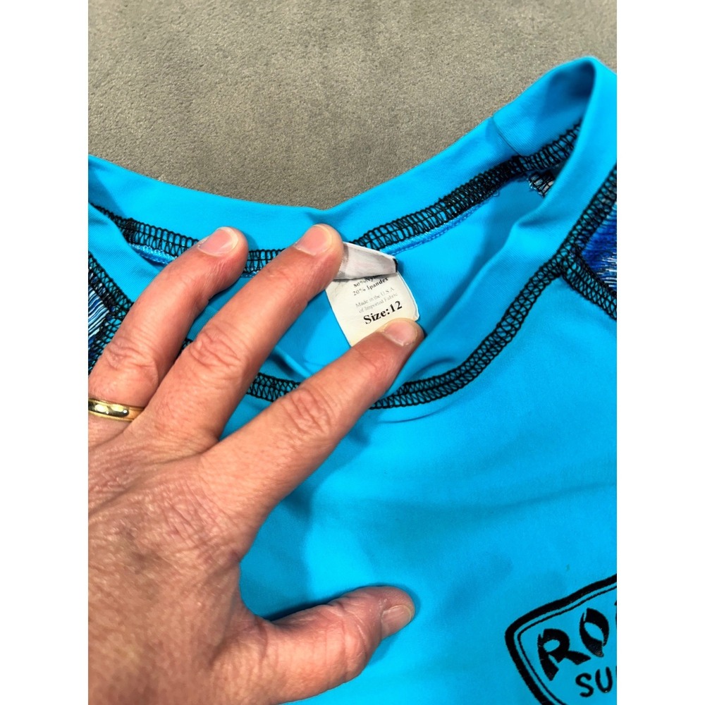 Kids Ron Jon Surf Shop Long Sleeve Rash Guard Swim Shirt Aqua Blue Print Size 12 - Picture 3 of 6